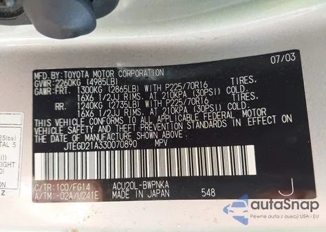 2003 Toyota Highlander from USA, damaged, VIN JTEGD21A330070890